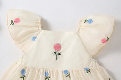 半袖ロンパース ベビーロンパース 半袖フレアスリーブスカートボディスーツ フラワー花柄刺繍 リボンヘアバンドセット【mh0005533】