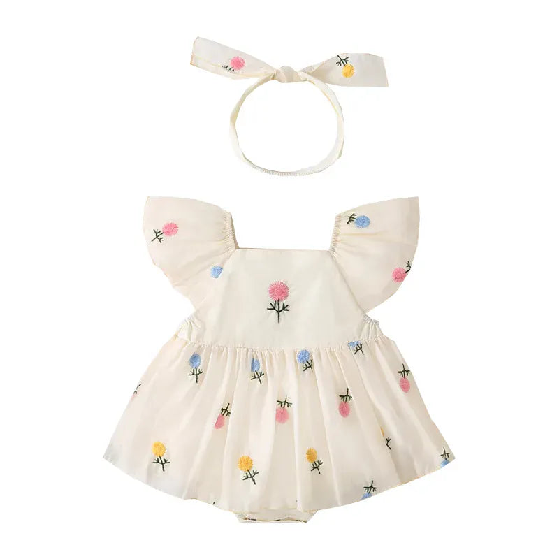半袖ロンパース ベビーロンパース 半袖フレアスリーブスカートボディスーツ フラワー花柄刺繍 リボンヘアバンドセット【mh0005533】