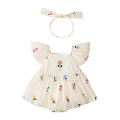 半袖ロンパース ベビーロンパース 半袖フレアスリーブスカートボディスーツ フラワー花柄刺繍 リボンヘアバンドセット【mh0005533】