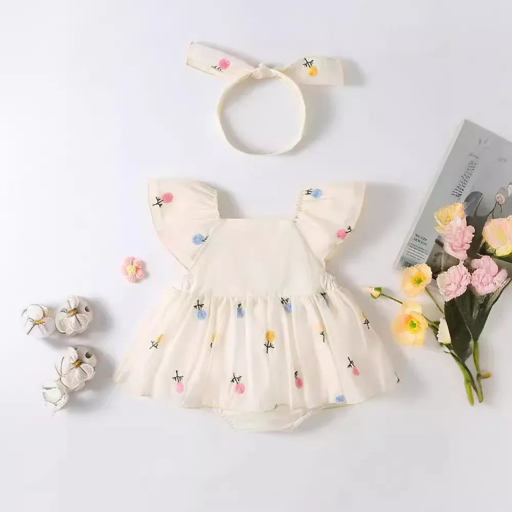 半袖ロンパース ベビーロンパース 半袖フレアスリーブスカートボディスーツ フラワー花柄刺繍 リボンヘアバンドセット【mh0005533】