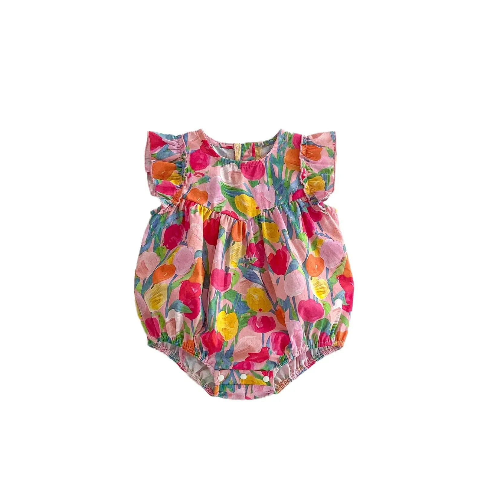 半袖ロンパース ベビーロンパース フリルスリーブボディスーツ カラフルチューリッププリント【mh0005611】