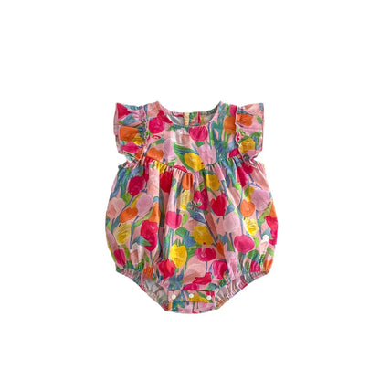半袖ロンパース ベビーロンパース フリルスリーブボディスーツ カラフルチューリッププリント【mh0005611】