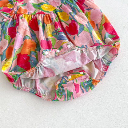 半袖ロンパース ベビーロンパース フリルスリーブボディスーツ カラフルチューリッププリント【mh0005611】