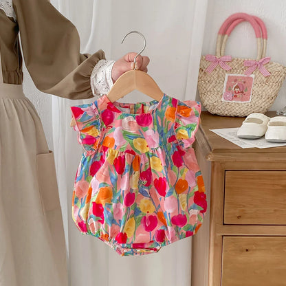 半袖ロンパース ベビーロンパース フリルスリーブボディスーツ カラフルチューリッププリント【mh0005611】