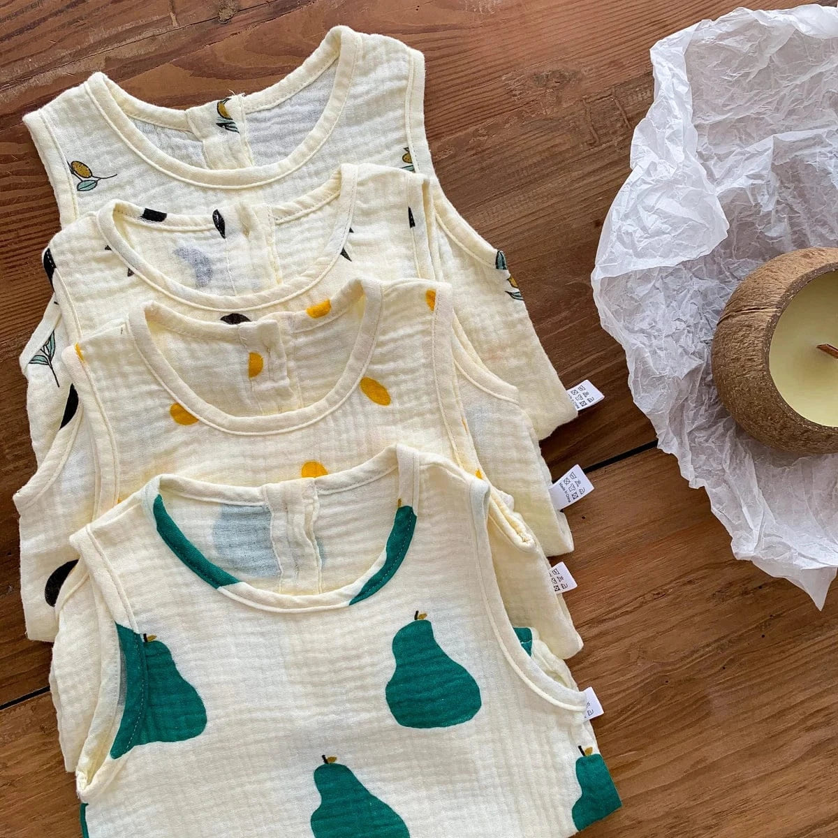 ノースリーブロンパース ベビーロンパース ノースリーブボディスーツ 月ムーン/洋梨/オリーブ/水玉ドットプリント【mh0005689】