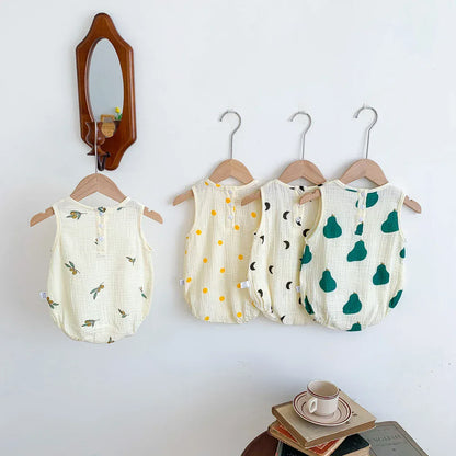 ノースリーブロンパース ベビーロンパース ノースリーブボディスーツ 月ムーン/洋梨/オリーブ/水玉ドットプリント【mh0005689】