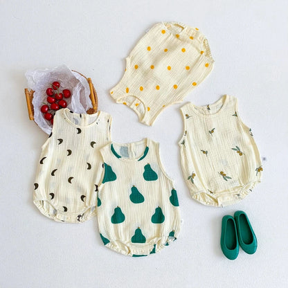 ノースリーブロンパース ベビーロンパース ノースリーブボディスーツ 月ムーン/洋梨/オリーブ/水玉ドットプリント【mh0005689】