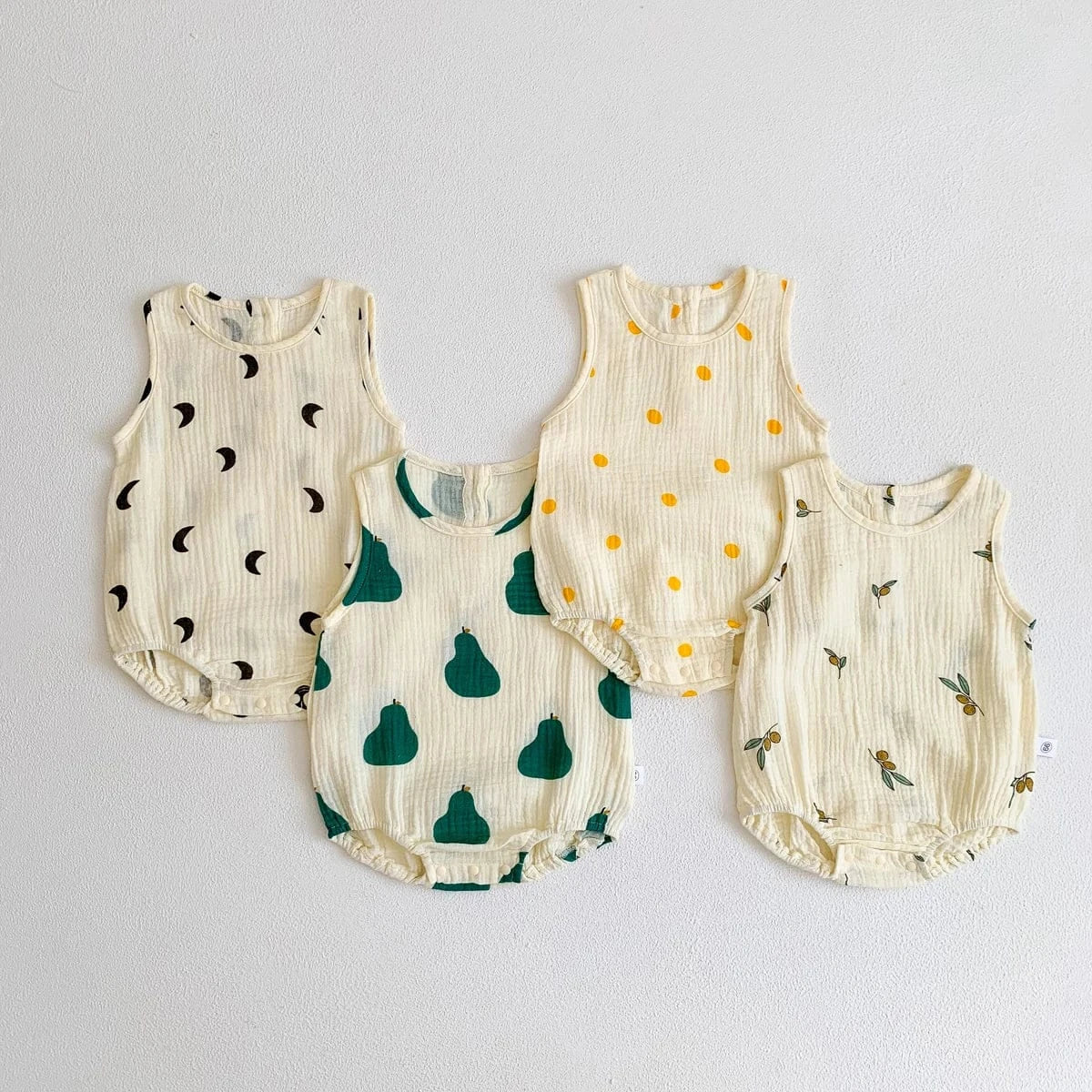 ノースリーブロンパース ベビーロンパース ノースリーブボディスーツ 月ムーン/洋梨/オリーブ/水玉ドットプリント【mh0005689】