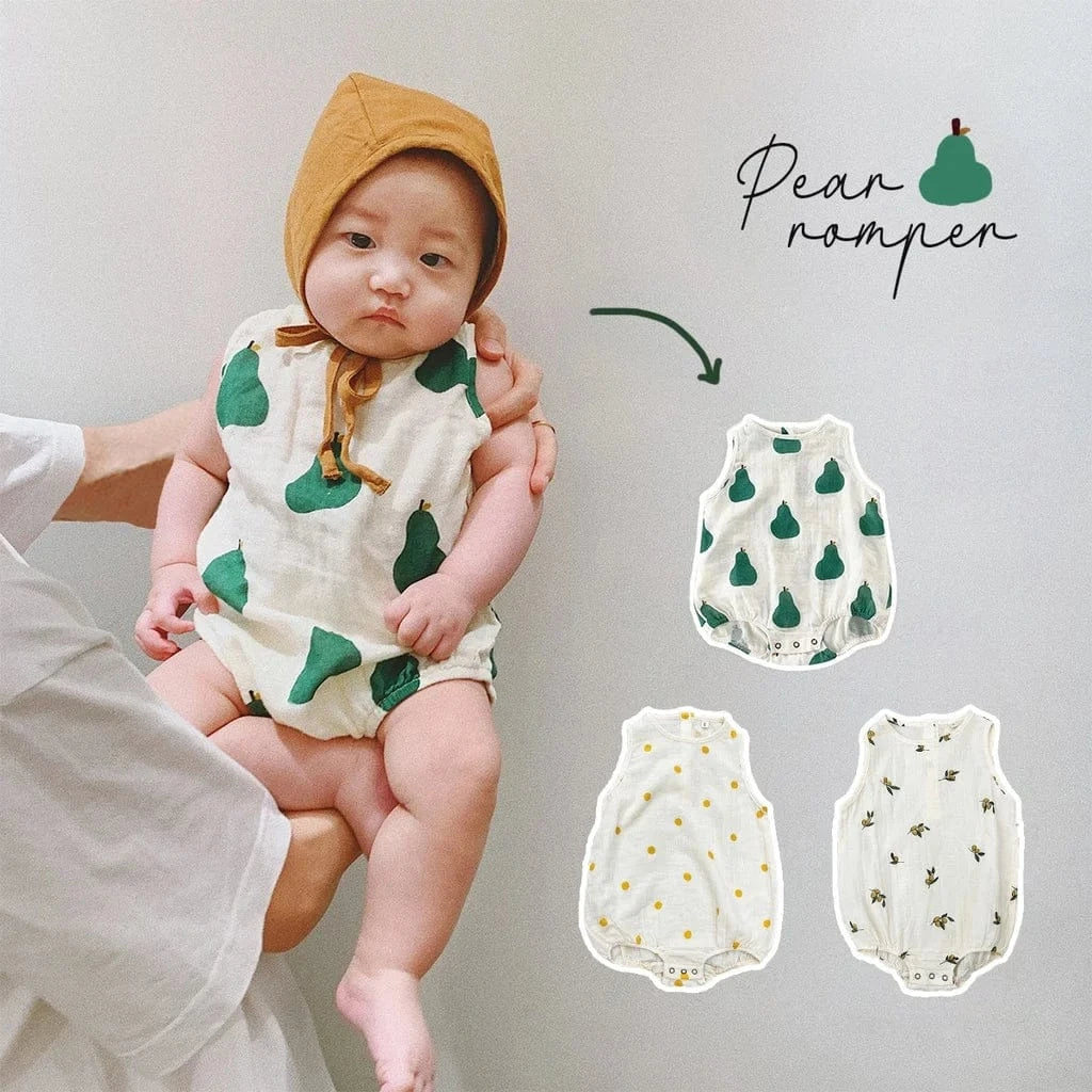 ノースリーブロンパース ベビーロンパース ノースリーブボディスーツ 月ムーン/洋梨/オリーブ/水玉ドットプリント【mh0005689】