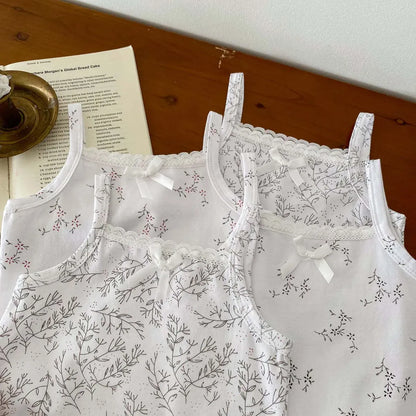 ノースリーブロンパース ベビーロンパース キャミソールボディスーツ リボン ボタニカルプリント柄 肌着【mh0005701】