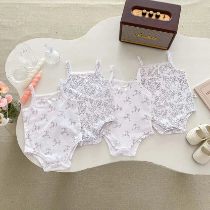 ノースリーブロンパース ベビーロンパース キャミソールボディスーツ リボン ボタニカルプリント柄 肌着【mh0005701】