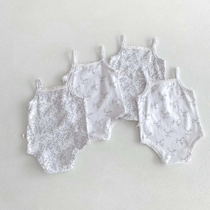 ノースリーブロンパース ベビーロンパース キャミソールボディスーツ リボン ボタニカルプリント柄 肌着【mh0005701】