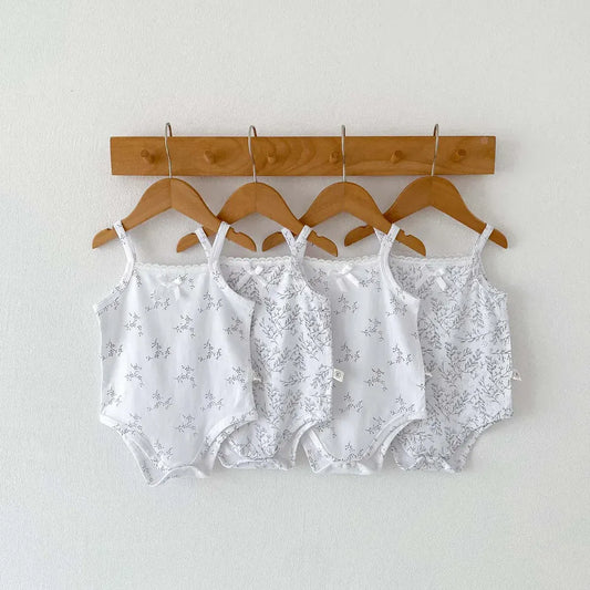 ノースリーブロンパース ベビーロンパース キャミソールボディスーツ リボン ボタニカルプリント柄 肌着【mh0005701】