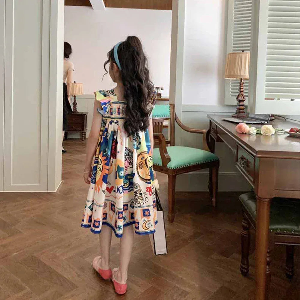 ノースリーブワンピース キッズジュニアワンピース フリルショルダープリントサマードレス【mh0005718】