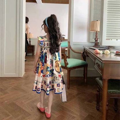 ノースリーブワンピース キッズジュニアワンピース フリルショルダープリントサマードレス【mh0005718】