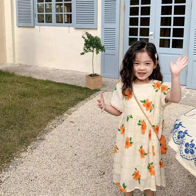 半袖ワンピース キッズワンピース 半袖パフスリーブワンピース フラワー花柄プリント【mh0005734】