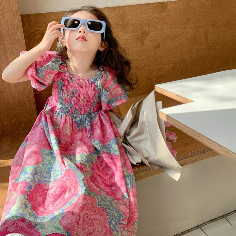 半袖ワンピース キッズワンピース 半袖リゾートサマードレス フラワー花柄プリント【mh0005740】