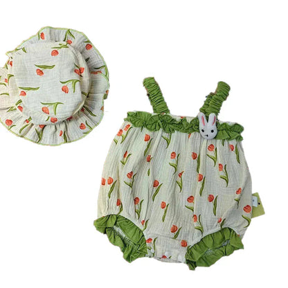 ノースリーブロンパース ベビーロンパース 帽子セット キャミソールボディスーツ チューリッププリント フリルチューリップハット グリーン【mh0005767】