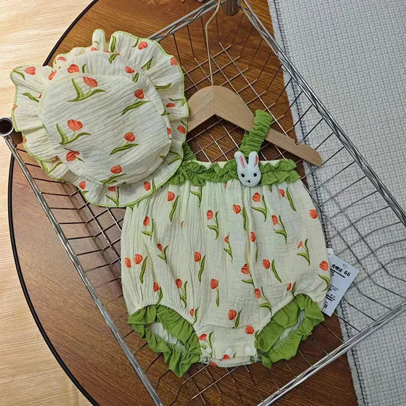 ノースリーブロンパース ベビーロンパース 帽子セット キャミソールボディスーツ チューリッププリント フリルチューリップハット グリーン【mh0005767】
