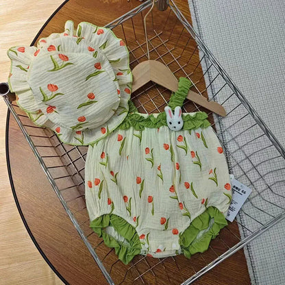 ノースリーブロンパース ベビーロンパース 帽子セット キャミソールボディスーツ チューリッププリント フリルチューリップハット グリーン【mh0005767】