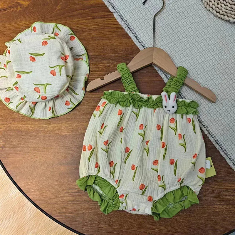 ノースリーブロンパース ベビーロンパース 帽子セット キャミソールボディスーツ チューリッププリント フリルチューリップハット グリーン【mh0005767】