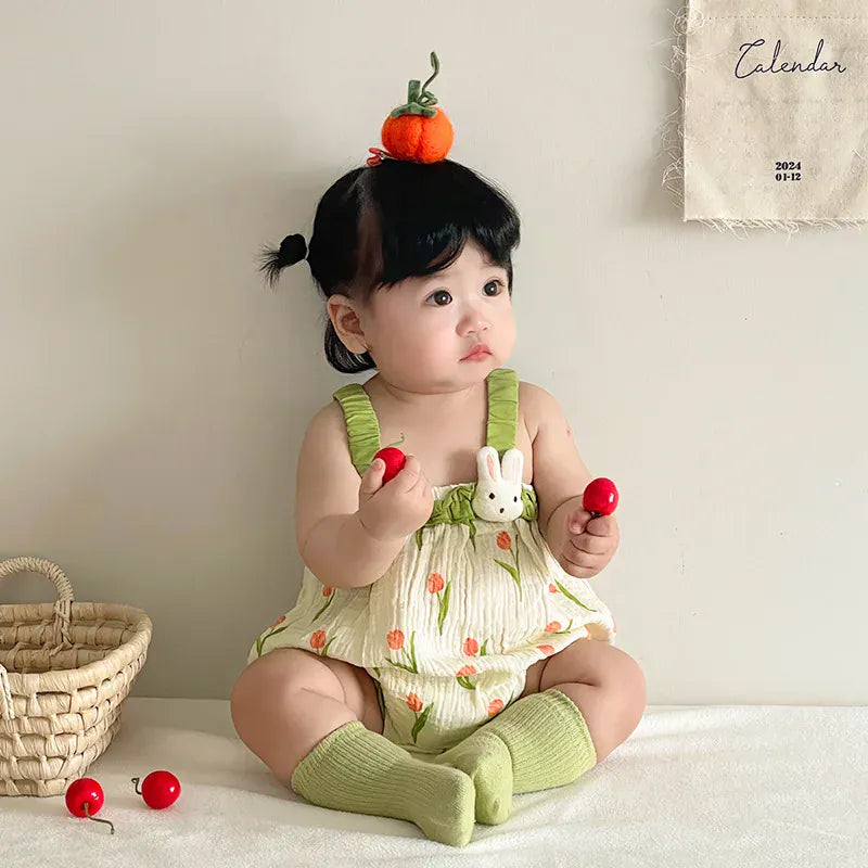 ノースリーブロンパース ベビーロンパース 帽子セット キャミソールボディスーツ チューリッププリント フリルチューリップハット グリーン【mh0005767】