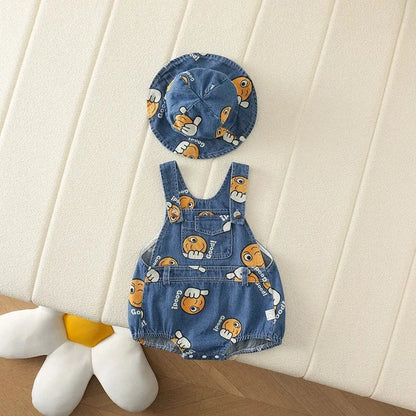 ノースリーブロンパース ベビーオーバーオール 帽子セット デニムサスペンダーボディスーツ バケットハット スマイルプリント【mh0005768】