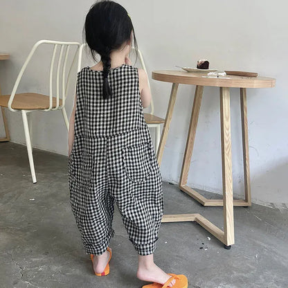 ノースリーブジャンプスーツ キッズジャンプスーツ チェック ノースリーブつなぎ オーバーオール【mh0005788】