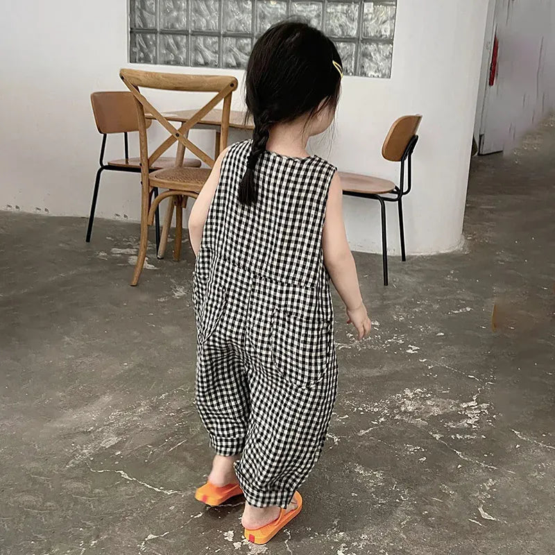 ノースリーブジャンプスーツ キッズジャンプスーツ チェック ノースリーブつなぎ オーバーオール【mh0005788】