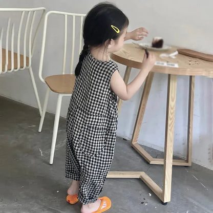 ノースリーブジャンプスーツ キッズジャンプスーツ チェック ノースリーブつなぎ オーバーオール【mh0005788】