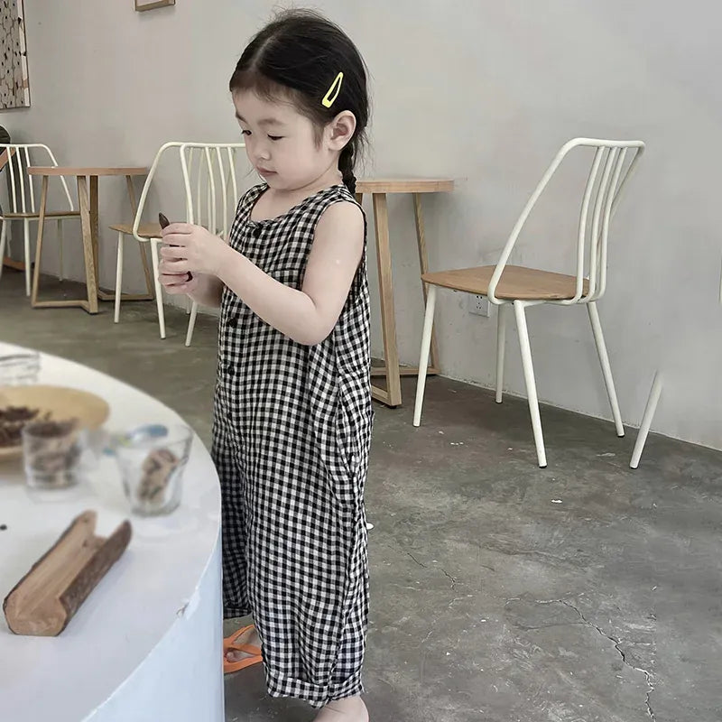 ノースリーブジャンプスーツ キッズジャンプスーツ チェック ノースリーブつなぎ オーバーオール【mh0005788】