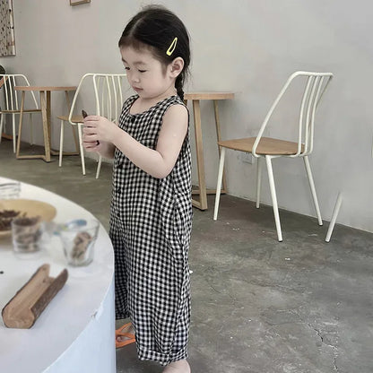 ノースリーブジャンプスーツ キッズジャンプスーツ チェック ノースリーブつなぎ オーバーオール【mh0005788】