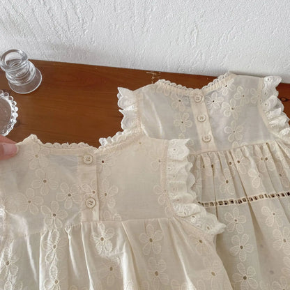 ノースリーブワンピース ベビーロンパース/キッズワンピース ノースリーブ レース フリル リンクコーデ 姉妹 お揃いコーデ ベージュ【mh0005827】