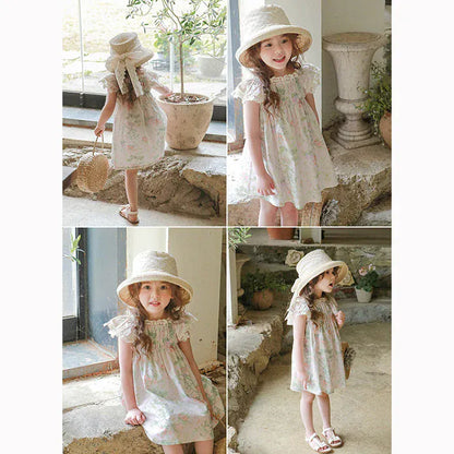 半袖ワンピース キッズワンピース 半袖レースフリルスリーブ サマードレス フラワー花柄プリント【mh0005828】