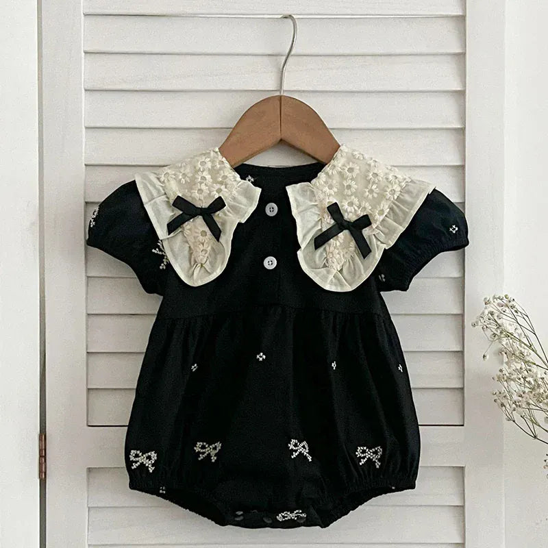 半袖ロンパース ベビーロンパース/キッズワンピース 半袖 リボン刺繍 レース 丸襟 リンクコーデ 姉妹 お揃いコーデ【mh0005830】