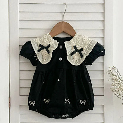 半袖ロンパース ベビーロンパース/キッズワンピース 半袖 リボン刺繍 レース 丸襟 リンクコーデ 姉妹 お揃いコーデ【mh0005830】