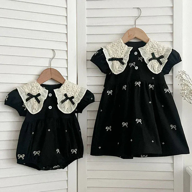 半袖ロンパース ベビーロンパース/キッズワンピース 半袖 リボン刺繍 レース 丸襟 リンクコーデ 姉妹 お揃いコーデ【mh0005830】