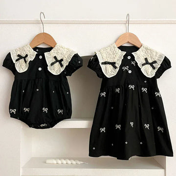 半袖ロンパース ベビーロンパース/キッズワンピース 半袖 リボン刺繍 レース 丸襟 リンクコーデ 姉妹 お揃いコーデ【mh0005830】