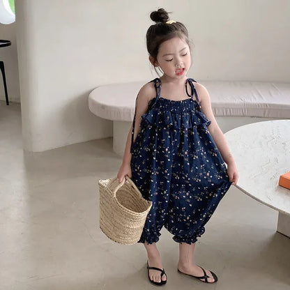 ノースリーブジャンプスーツ キッズサロペット キャミソールバルーンジャンプスーツ ルーズ ネイビー【mh0005837】