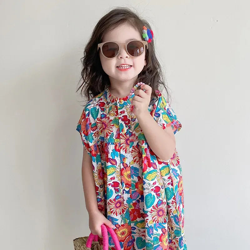 半袖ジャンプスーツ キッズジャンプスーツ 半袖シャツつなぎ フラワー花柄プリント【mh0005838】