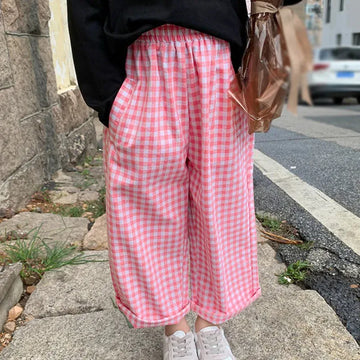 ロングパンツ・スウェットパンツ キッズパンツ ギンガムチェック ロングルーズパンツ ピンク【mh0005850】