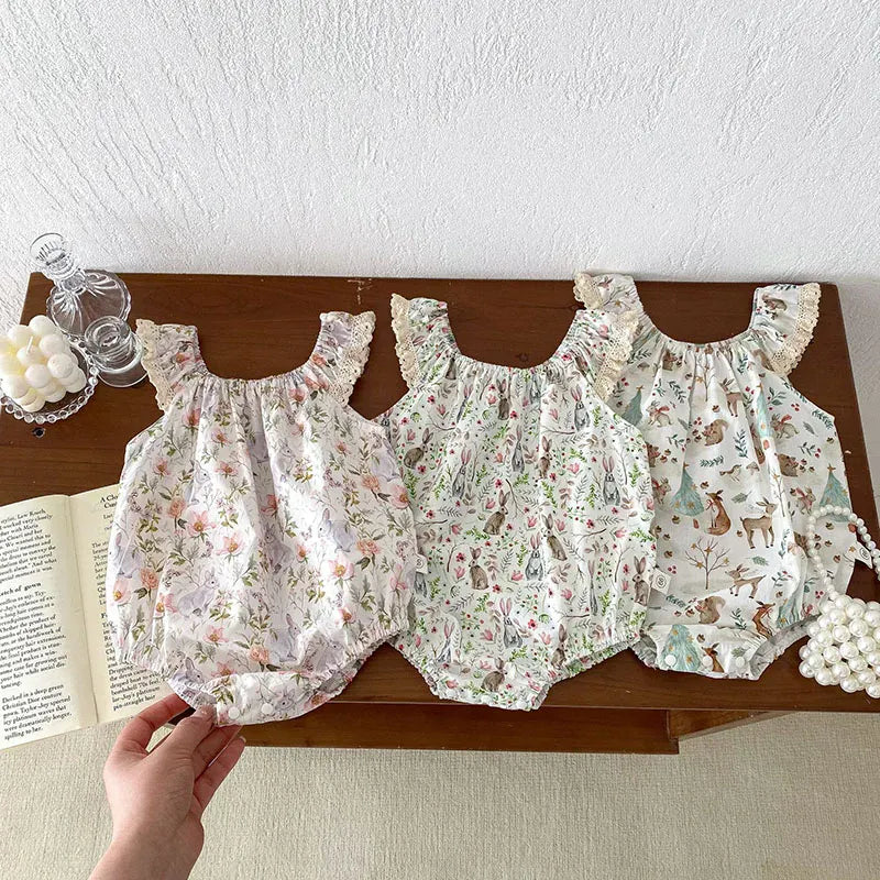 ノースリーブロンパース ベビーロンパース キャミソールフリルボディスーツ フラワーアニマルプリント【mh0005860】