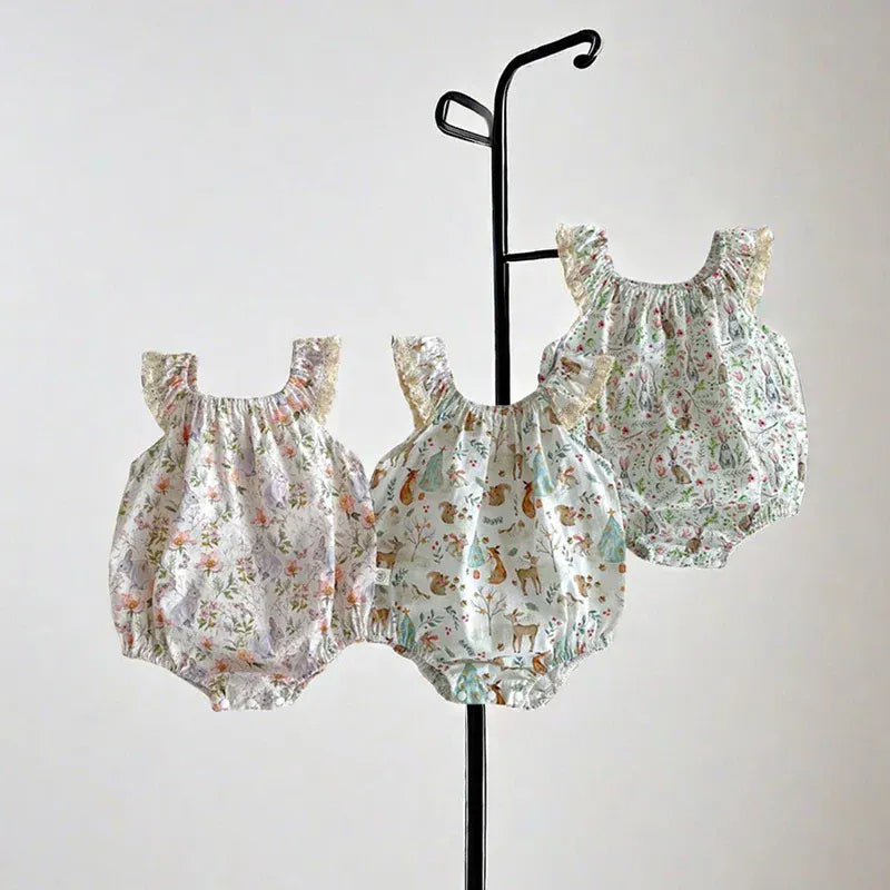 ノースリーブロンパース ベビーロンパース キャミソールフリルボディスーツ フラワーアニマルプリント【mh0005860】
