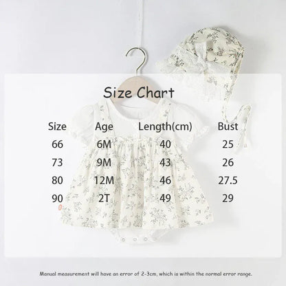 半袖ロンパース ベビーロンパース 帽子セット 半袖ドッキングスカートボディスーツ フラワー花柄プリント レースフリルボンネットセット【mh0005868】