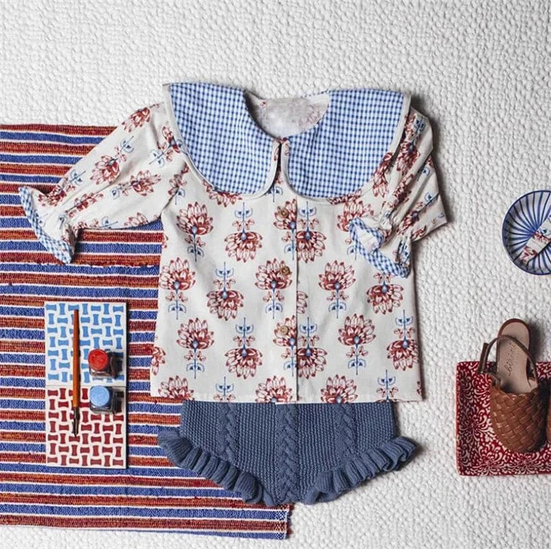 半袖シャツ・ブラウス キッズトップス 半袖パフスリーブブラウス レトロ チェック/フラワ花柄プリント【mh0005920】