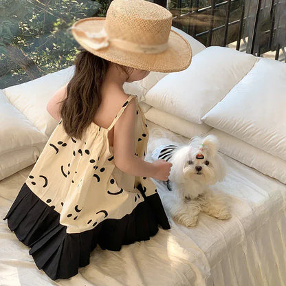 ノースリーブワンピース キッズワンピース スマイルプリント キャミソールプリーツスカートドッキングワンピース【mh0005955】