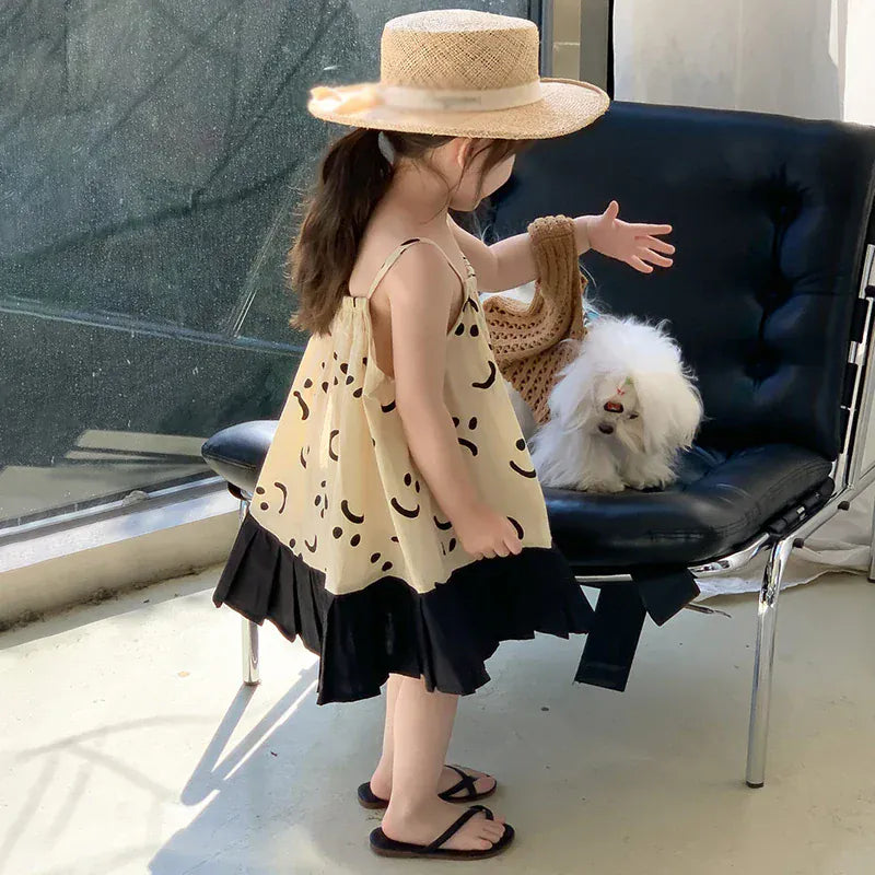 ノースリーブワンピース キッズワンピース スマイルプリント キャミソールプリーツスカートドッキングワンピース【mh0005955】