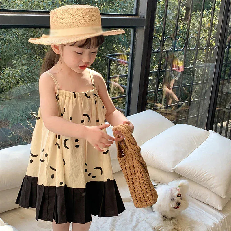 ノースリーブワンピース キッズワンピース スマイルプリント キャミソールプリーツスカートドッキングワンピース【mh0005955】