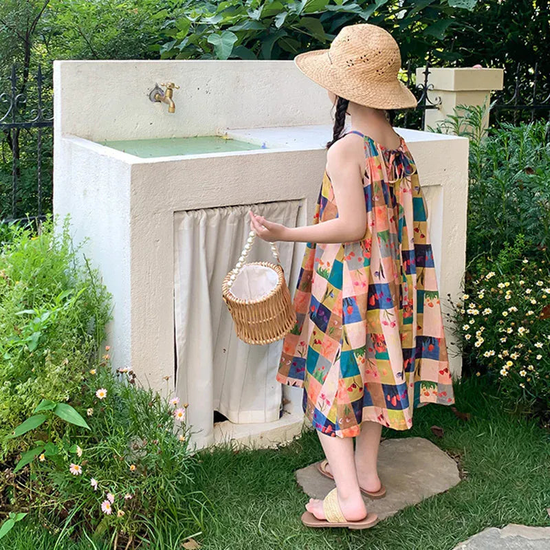 ノースリーブワンピース キッズワンピース カラフルチェック キャミソール ルーズワンピース【mh0005963】