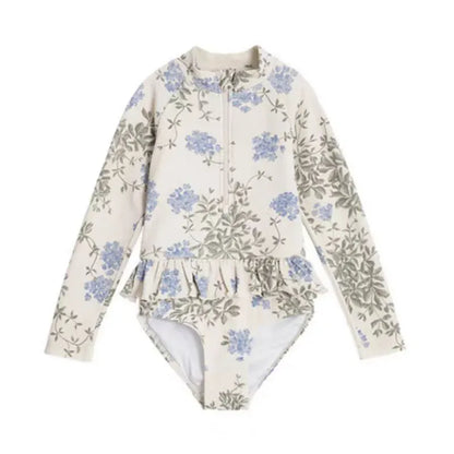 ベビー用水着 キッズ水着 ガールズ 長袖ジップアップ ワンピース+帽子セット フリル フラワー花柄プリント スイムウェア【mh0005976】